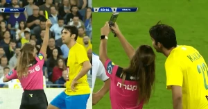 ქალმა მსაჯმა კაკას ჯერ ყვითელი ბარათი უჩვენა, შემდეგ კი მასთან სელფი გადაიღო (ვიდეო)