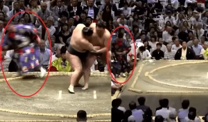 კურიოზი აკი ბაშოზე - ბრძოლის დროს გიოჯიმ წონასწორობა ვერ შეინარჩუნა და დოჰიოდან გადავარდა (ვიდეო)