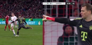 წესების დარღვევით დაფარების შემდეგ, ნოიერმა მეტოქეს ბურთის მოტანა სთხოვა